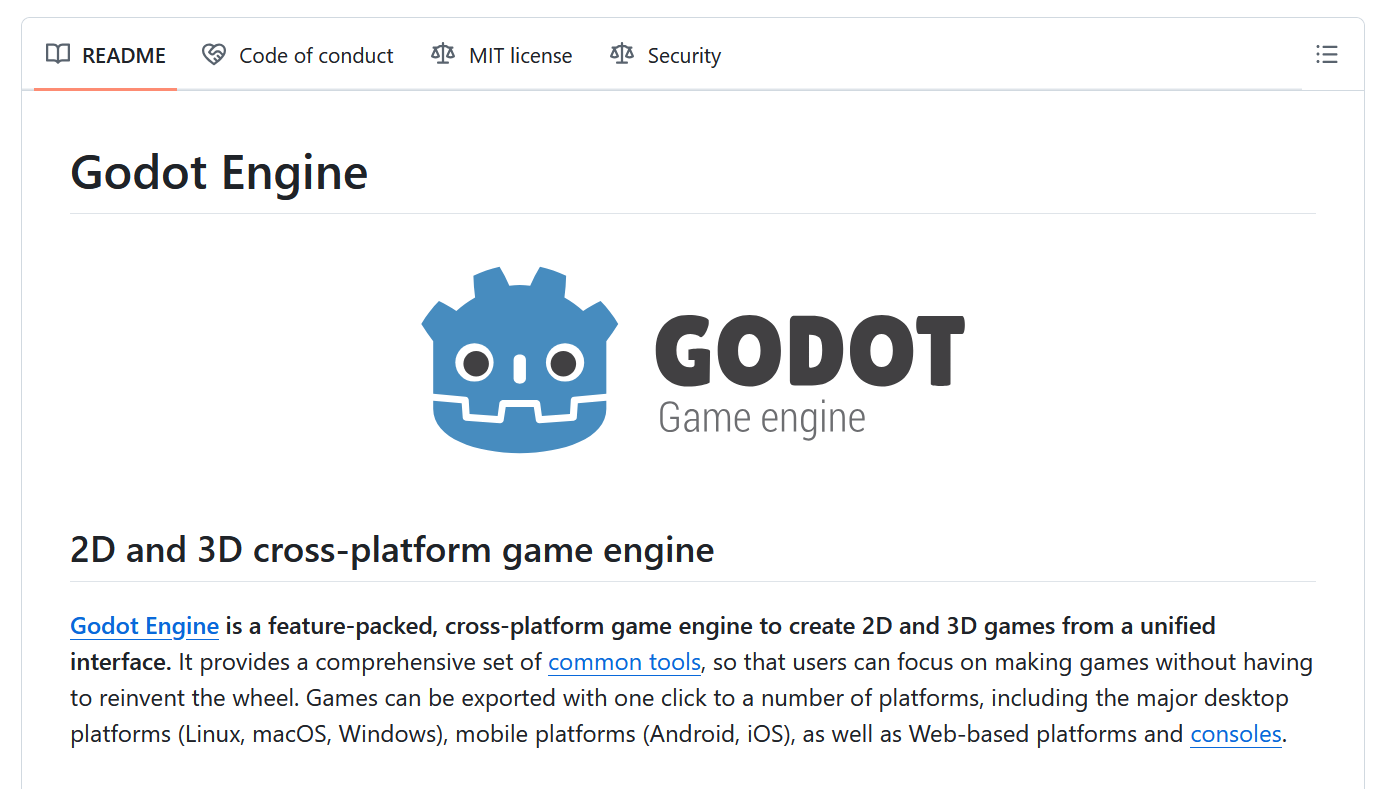 A description of the Godot engine as seen on the project's GitHub page.