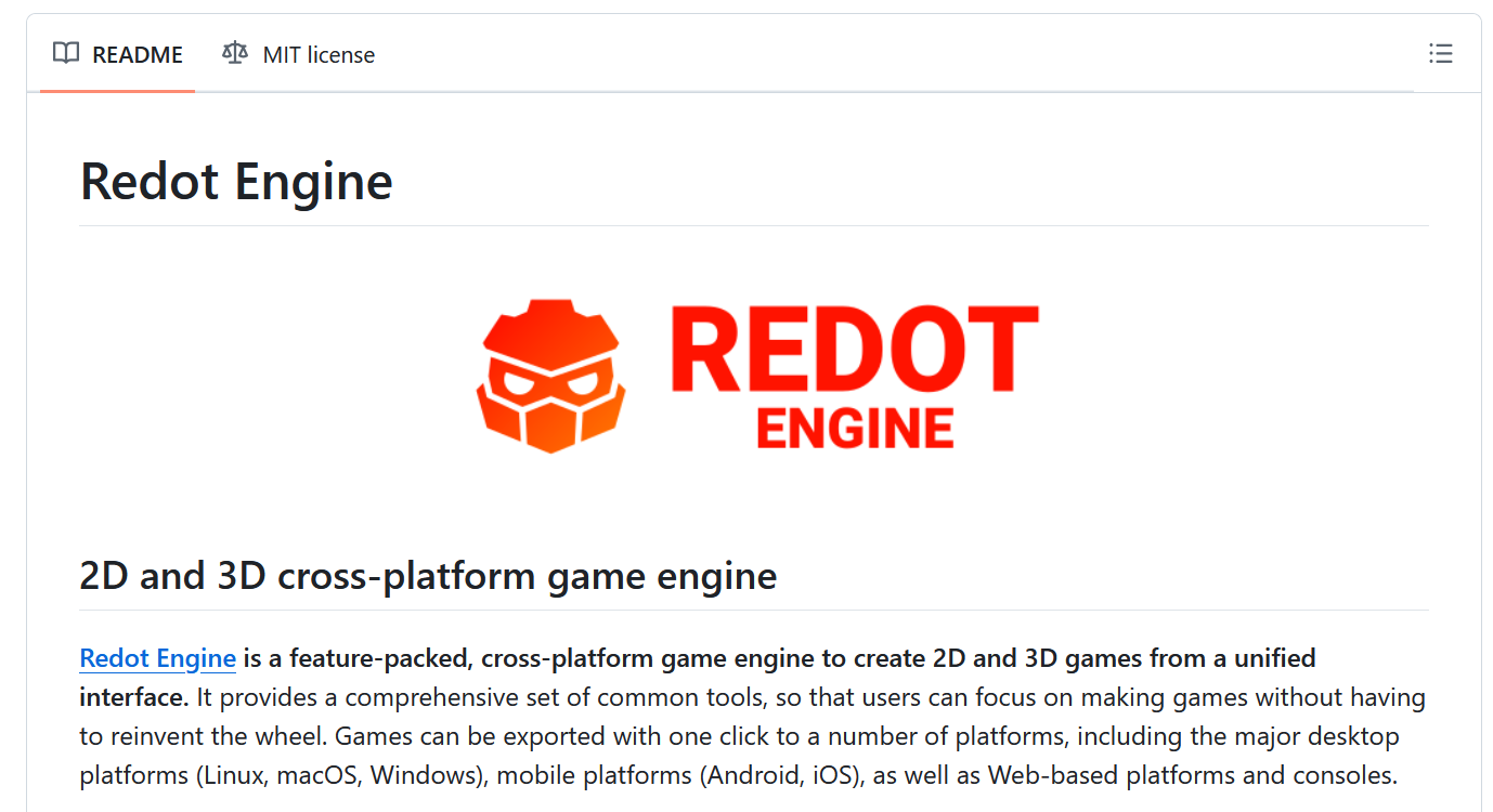 A description of the Redot engine as seen on the project's GitHub page. It is identical to Godot's description, aside from all mentions of "Godot" being changed to "Redot."