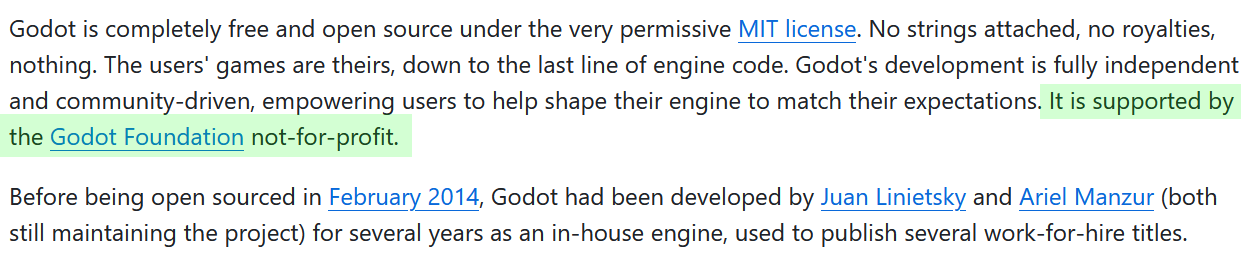 A section of the Godot description which talks about its license information and history.