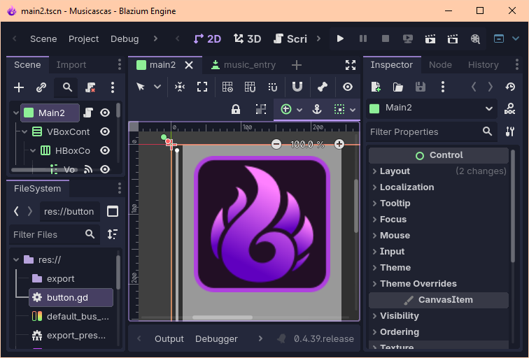 Screenshot of the Blazium software. It's interface is identical to Godot, but the logo has changed, and the primary color is now purple.