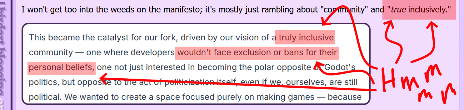 Screenshot of an earlier part of this blog post. The line "I won't get too into the weeds on the manifesto; it's mostly just rambling about 'community' and 'true inclusivity.' and the image that follows are included. Text that mentions "true inclusivity" and "not facing exclusion or bans for personal belief" are highlighted, with the caption, "Hmmmm." 