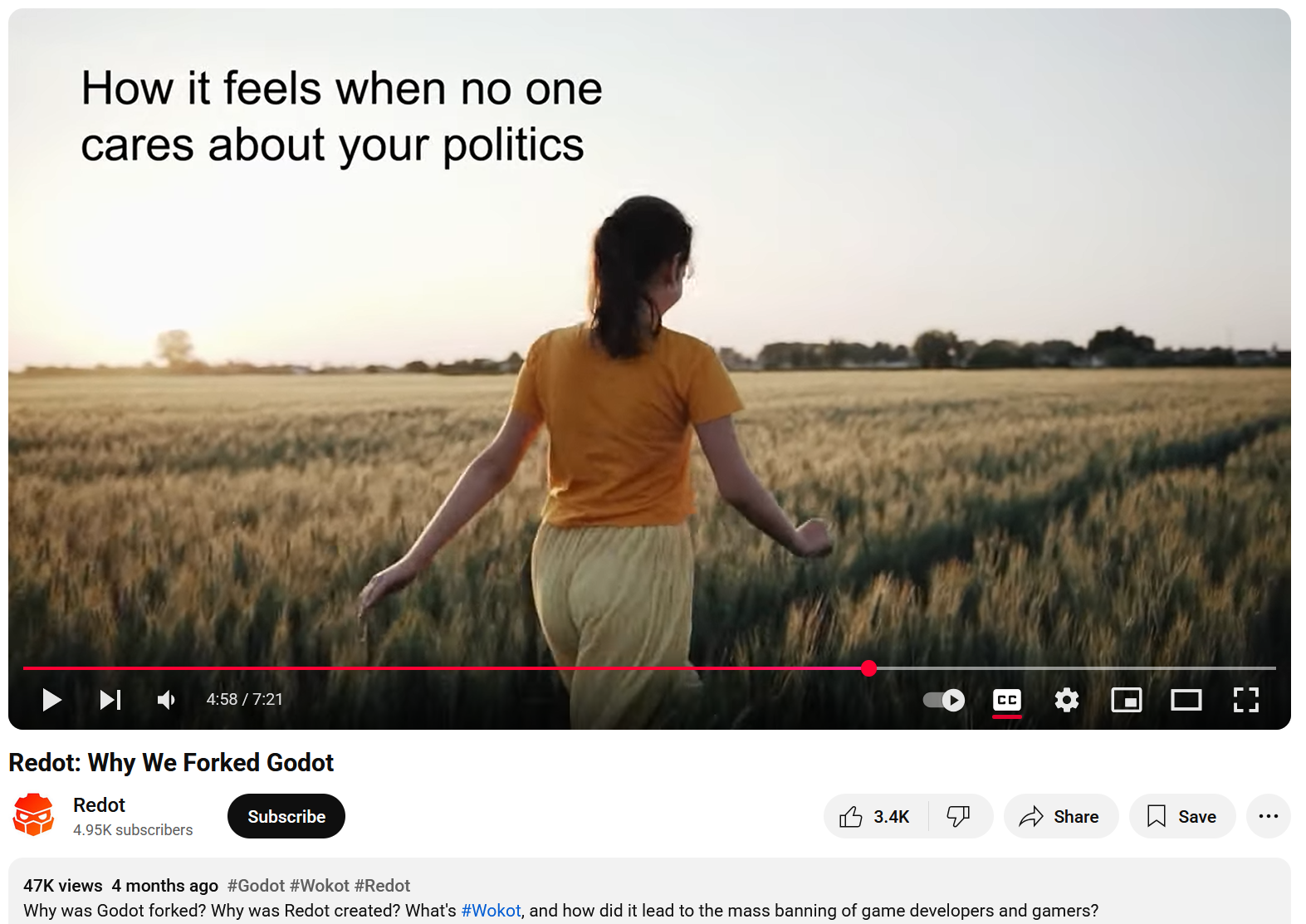 YouTube video from the official Redot channel entitled "Redot: Why We Forked Godot." The image highlights a screenshot of a video which shows stock footage of a woman runing through a field with the text "How it feels when no one cares about your politics."