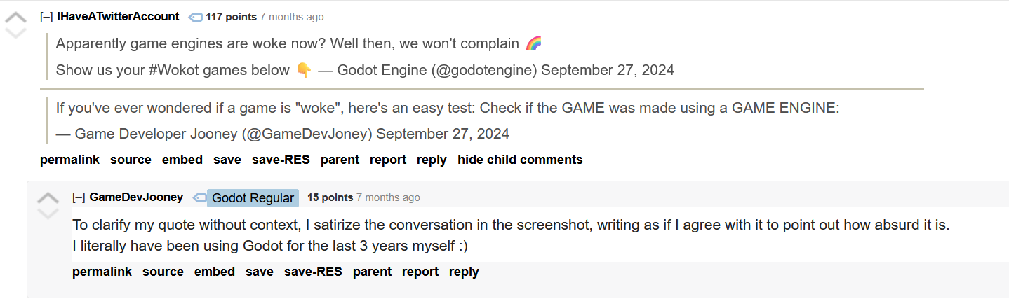 User "GameDevJooney" replies to a repost of their "If you've ever wondered if a game is WOKE" tweet clarifiying that it was meant to be taken as satire.